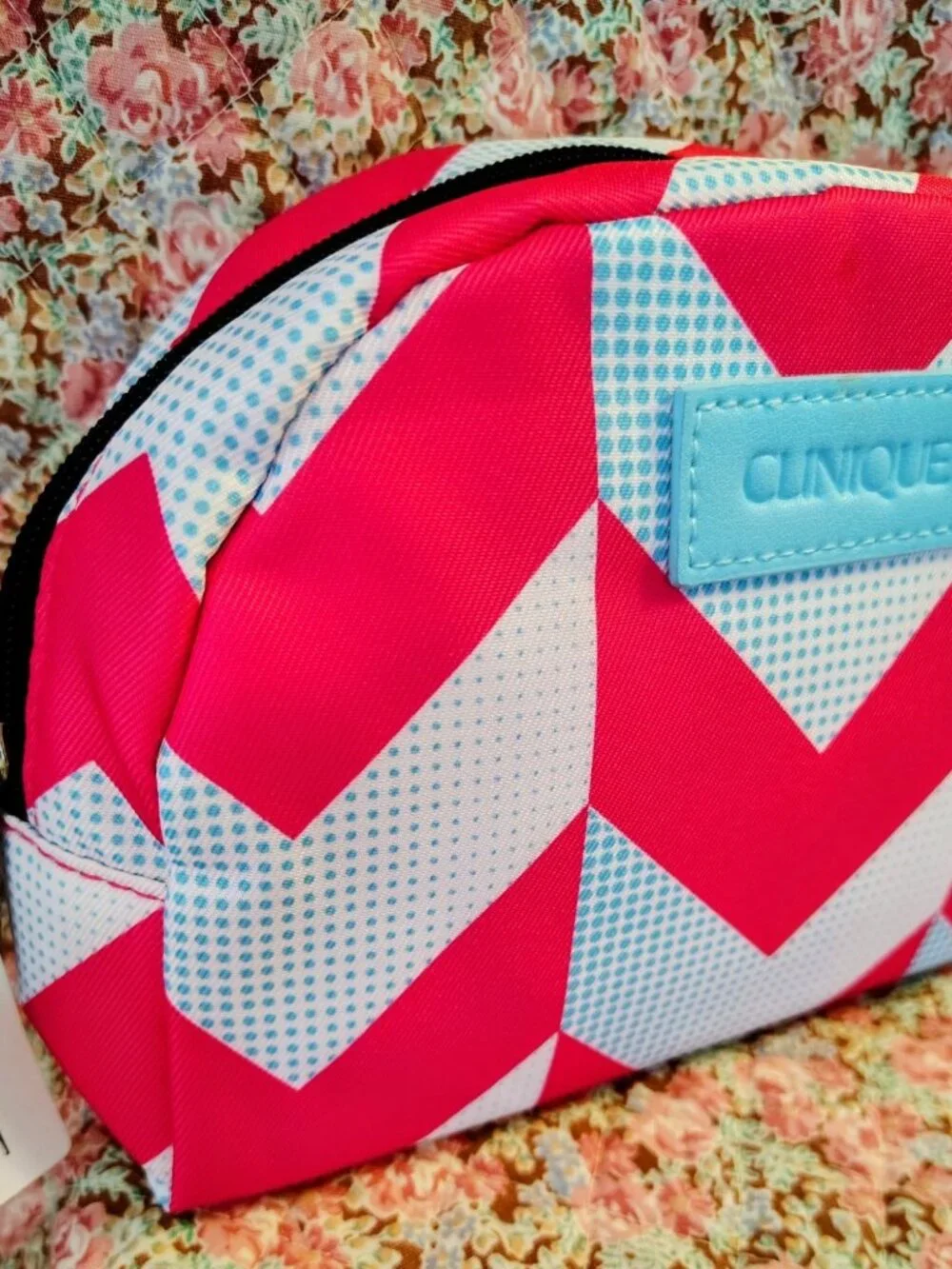 NWT Clinique Make Up Bag Cosmetics Pink & Blue Chevron
